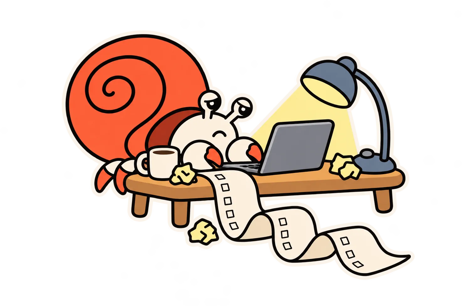 Kip at a small desk late at night, tired, typing on a laptop while a long checklist unrolls onto the floor
